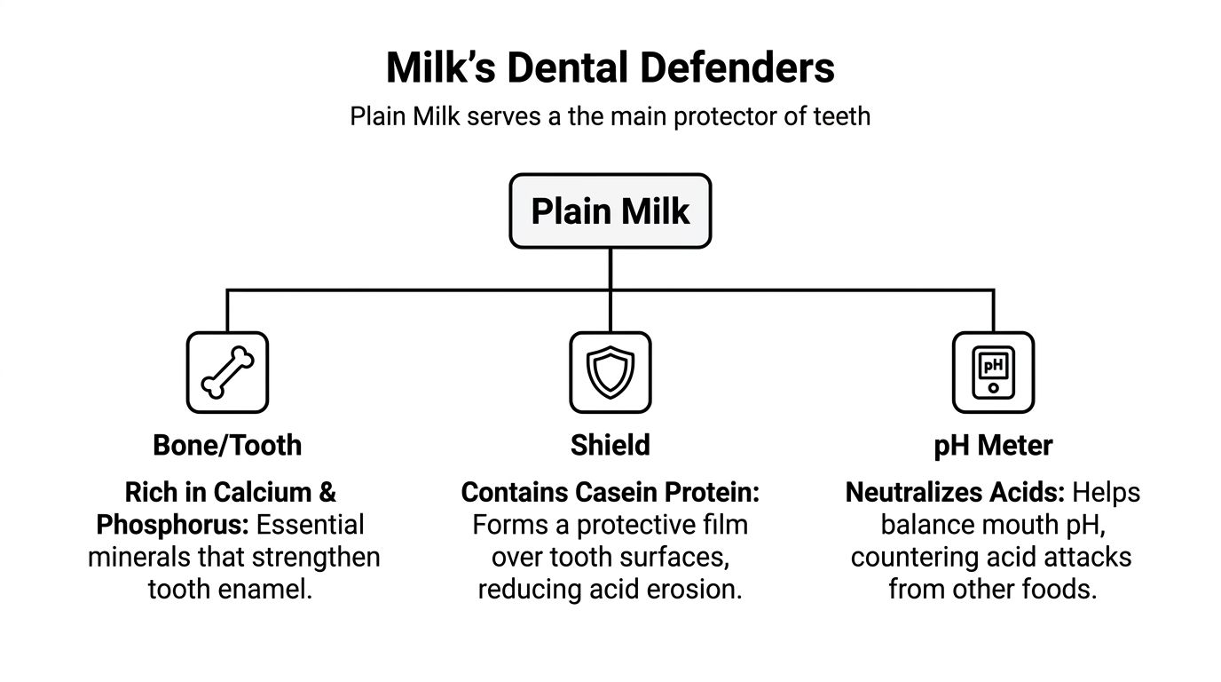 A diagram explaining how plain milk helps protect tooth enamel by providing essential minerals and neutralizing mouth acids.