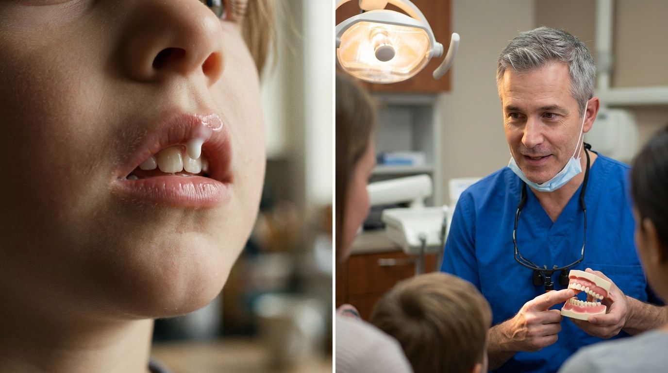 A child with milk on their lips next to a dentist explaining dental care to a patient.