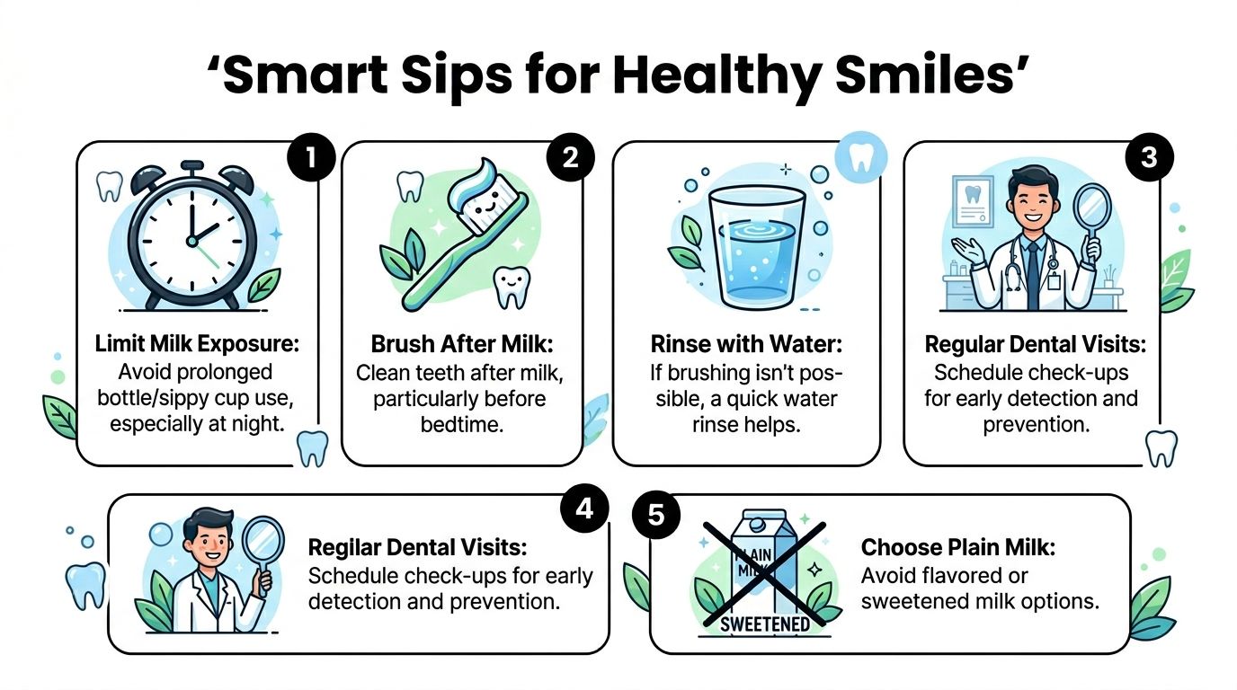 A dental infographic titled Smart Sips for Healthy Smiles offering tips on preventing cavities from milk consumption.