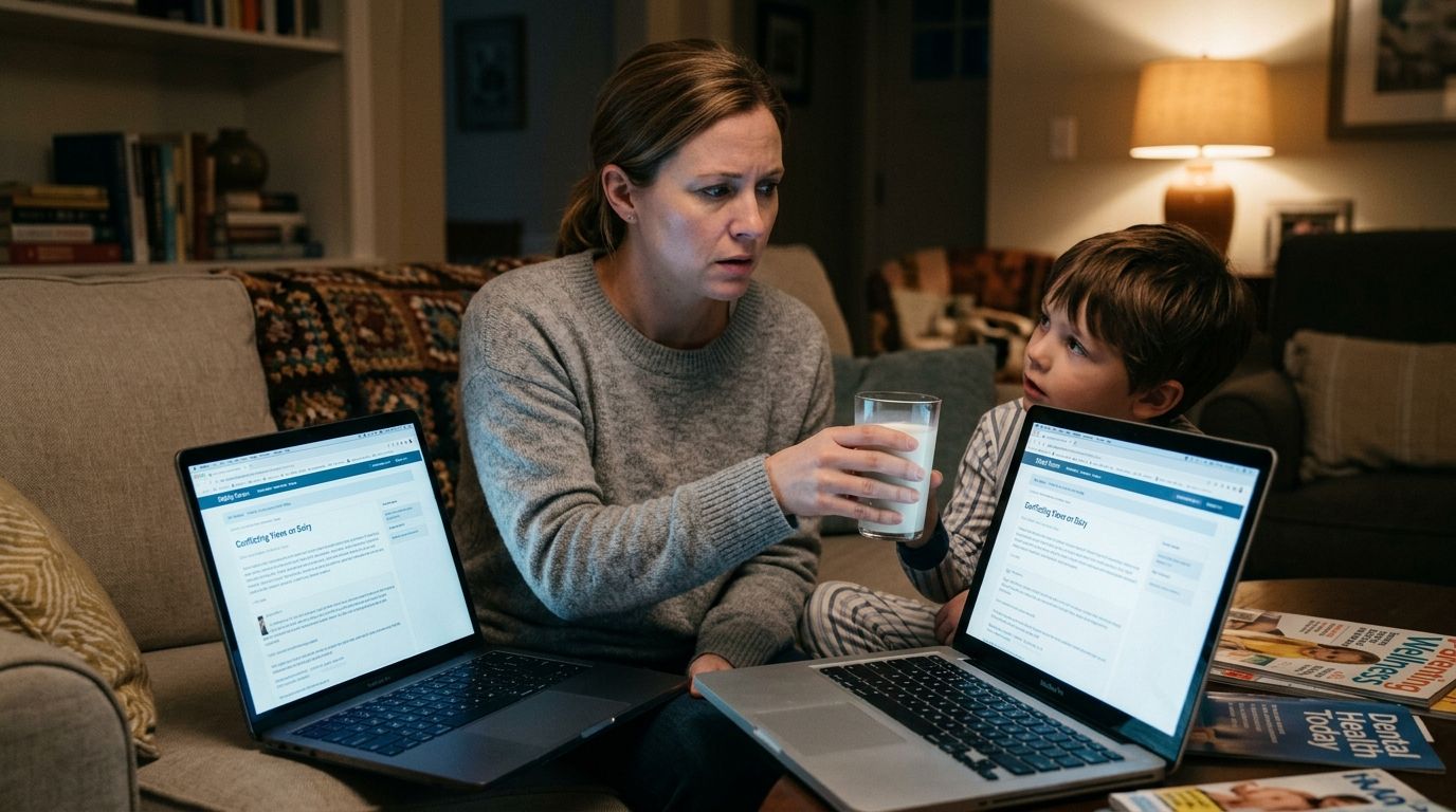 A concerned mother holding a glass of milk while sitting with her young son before laptops.