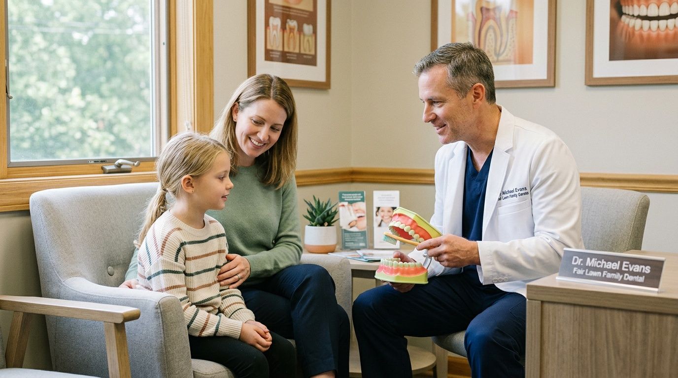 A friendly dentist demonstrates proper teeth brushing technique using a model to a young girl and her mother.