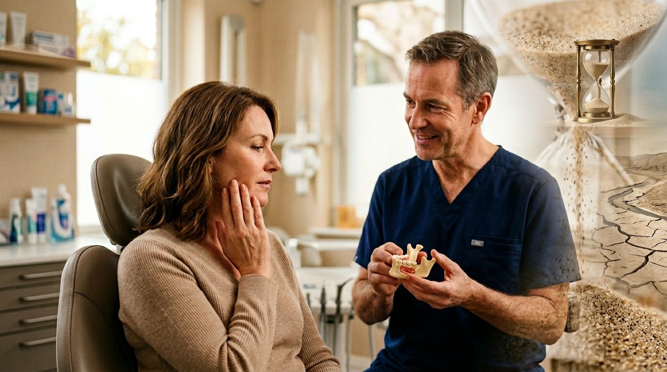 A dentist explaining a dental procedure to a female patient while holding a jaw model.