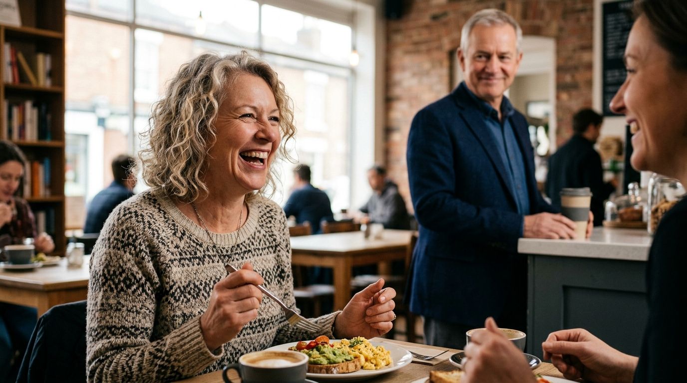 A middle-aged woman laughing and eating breakfast at a cafe with friends, showcasing a happy smile.