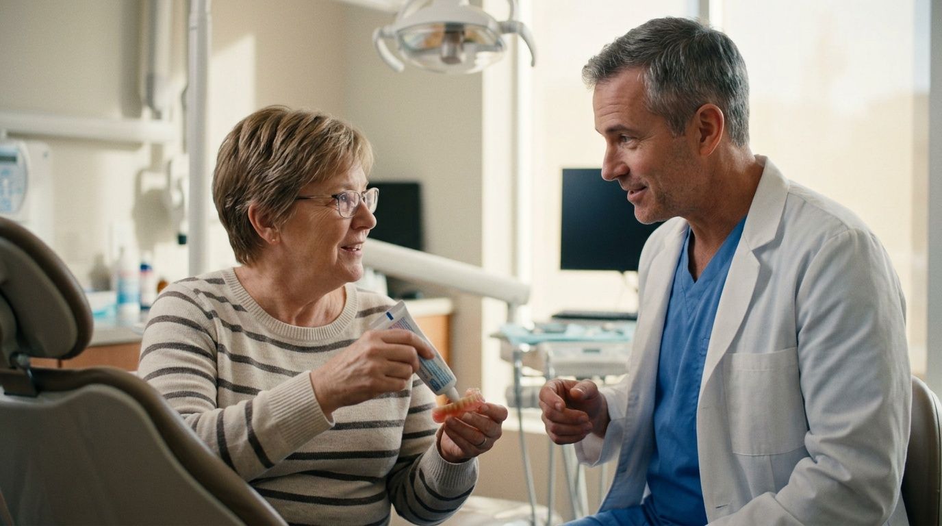 A dentist providing instructions to an elderly patient on how to apply adhesive to her dentures.