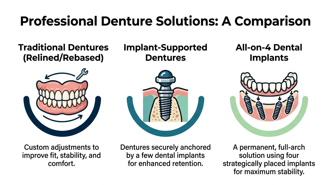 A comparison chart showing traditional dentures, implant-supported dentures, and All-on-4 dental implants for tooth replacement.
