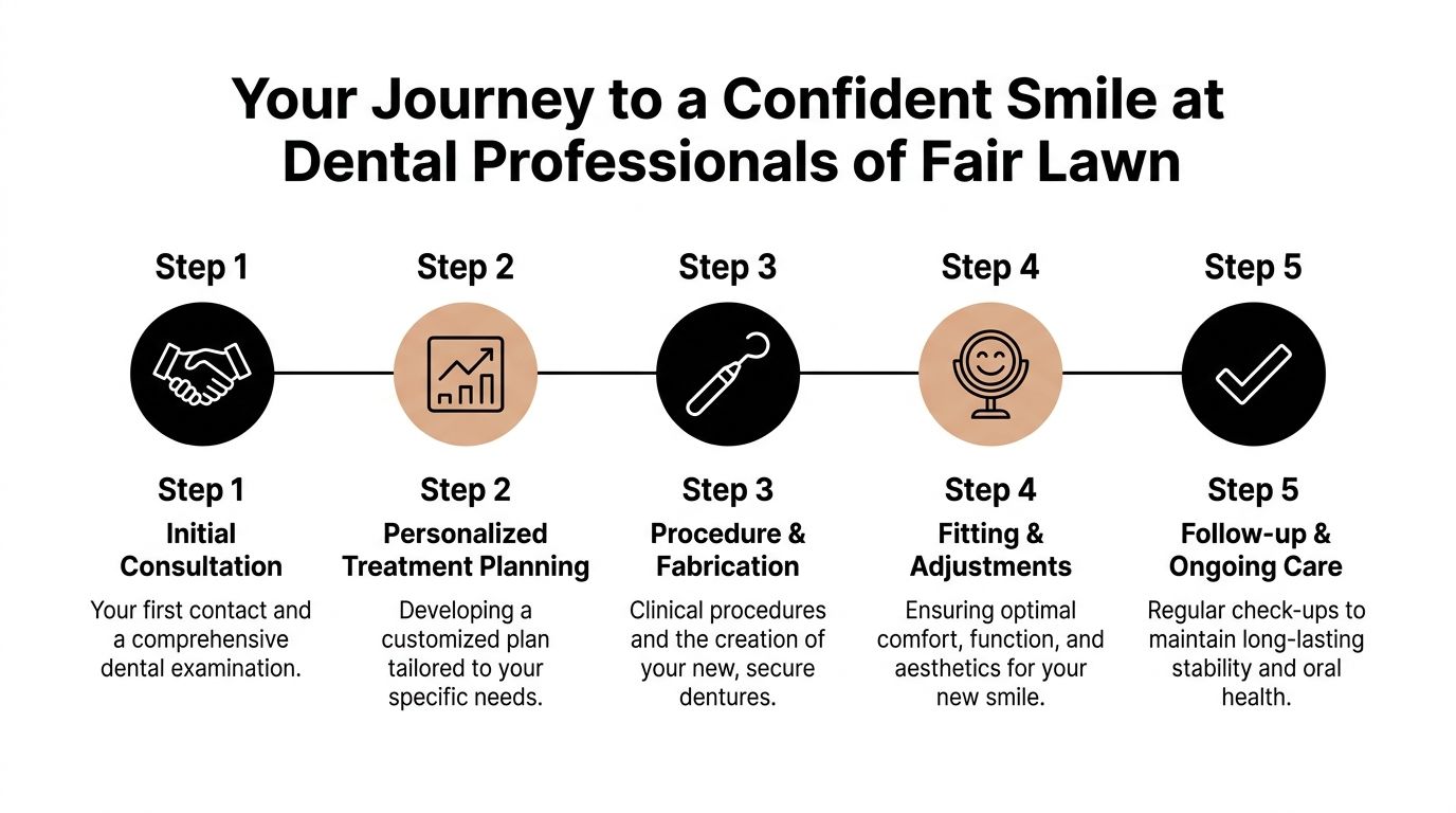 A five step infographic illustrating the dental treatment journey from initial consultation to long-term follow-up care.
