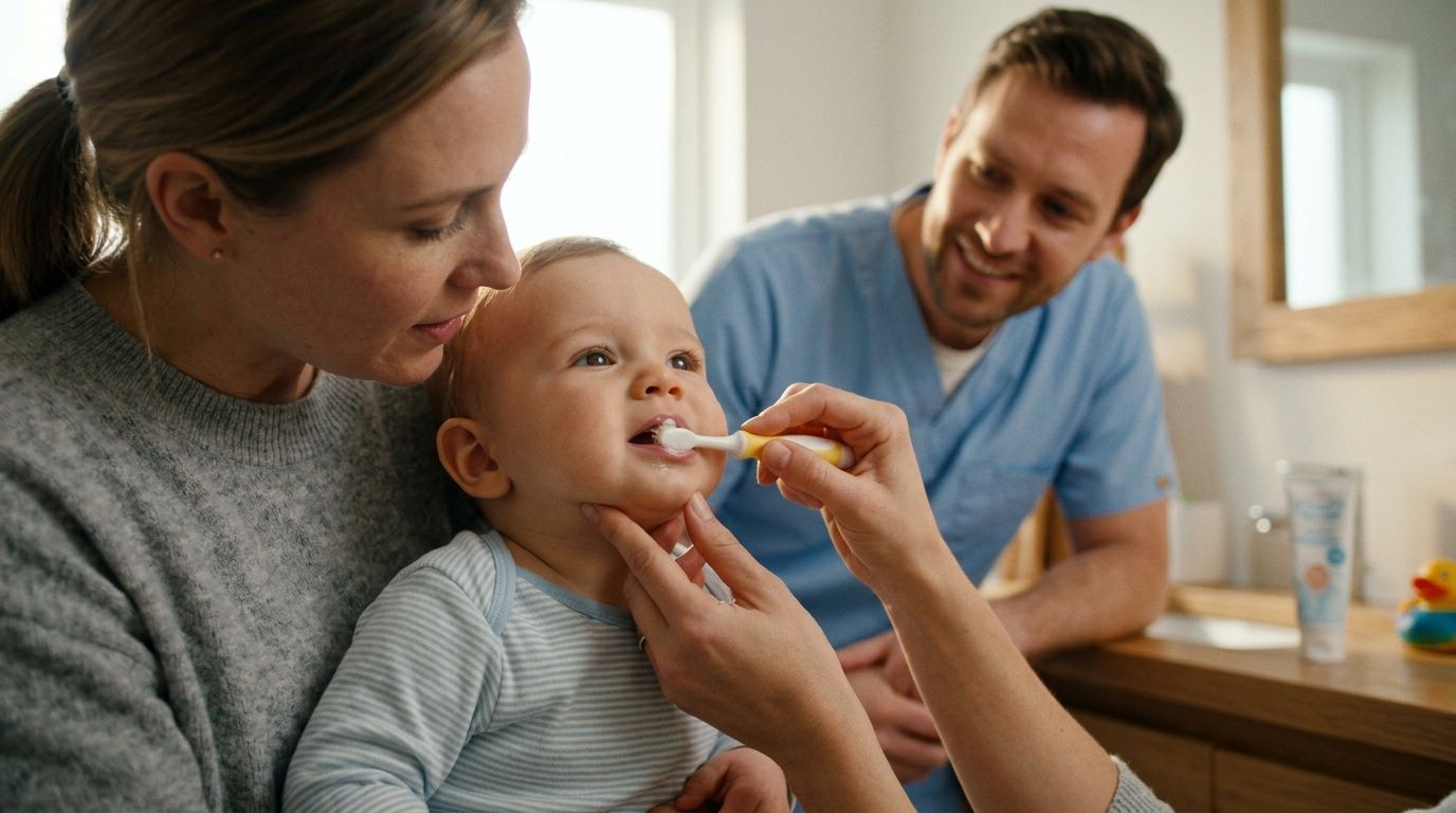 A caring mother gently brushes her baby's teeth while the father smiles in the background.
