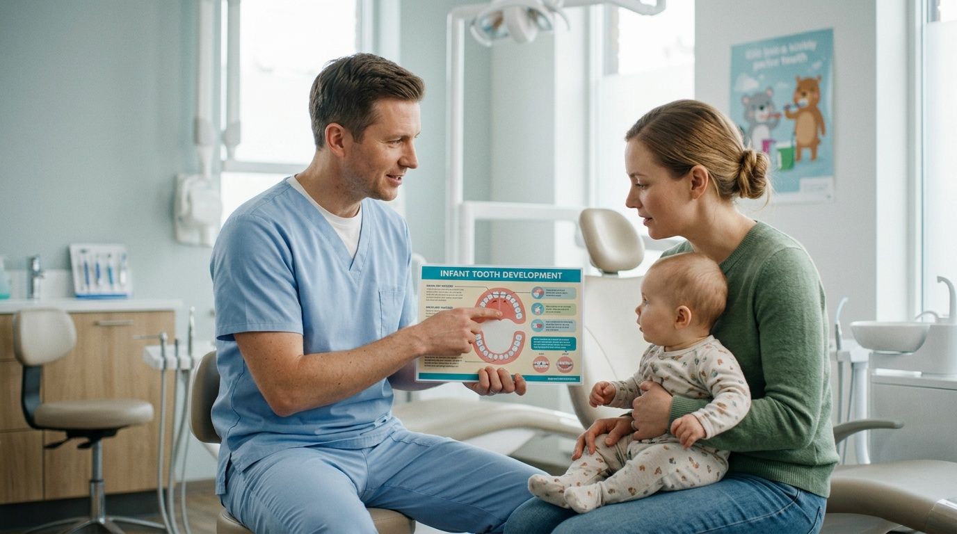 A dentist shows an infant tooth development chart to a mother holding her baby in a clinic.