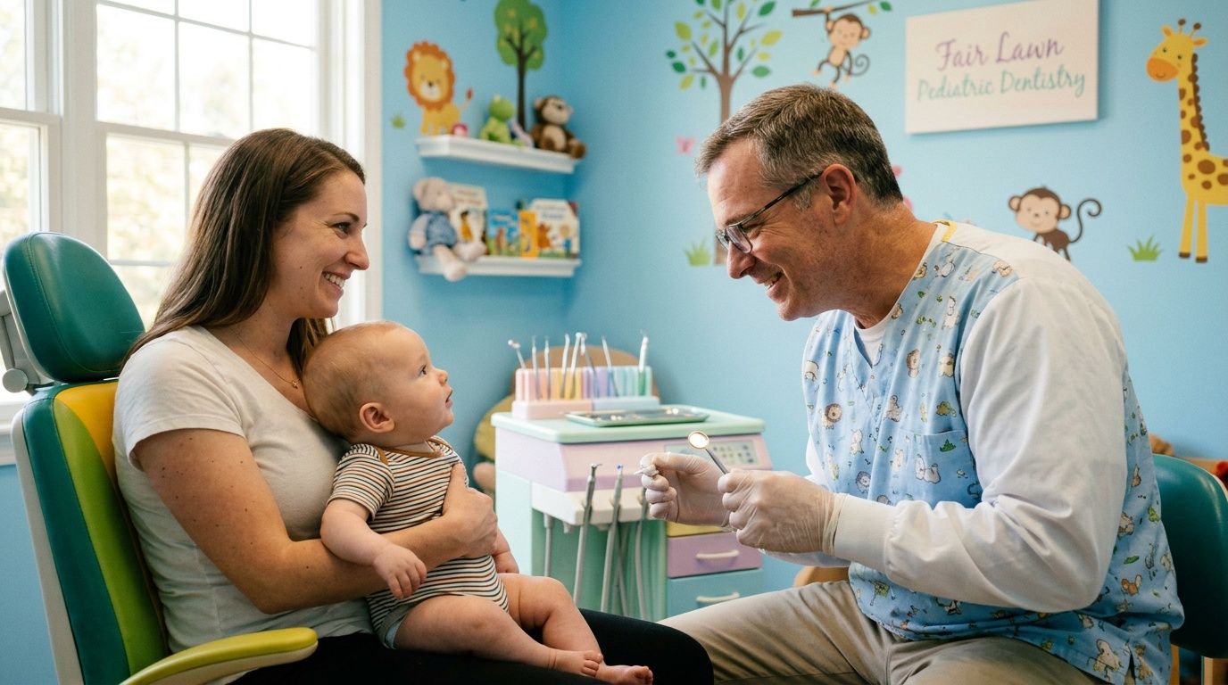 A friendly pediatric dentist interacting with an infant patient sitting on their mother's lap in a clinic.
