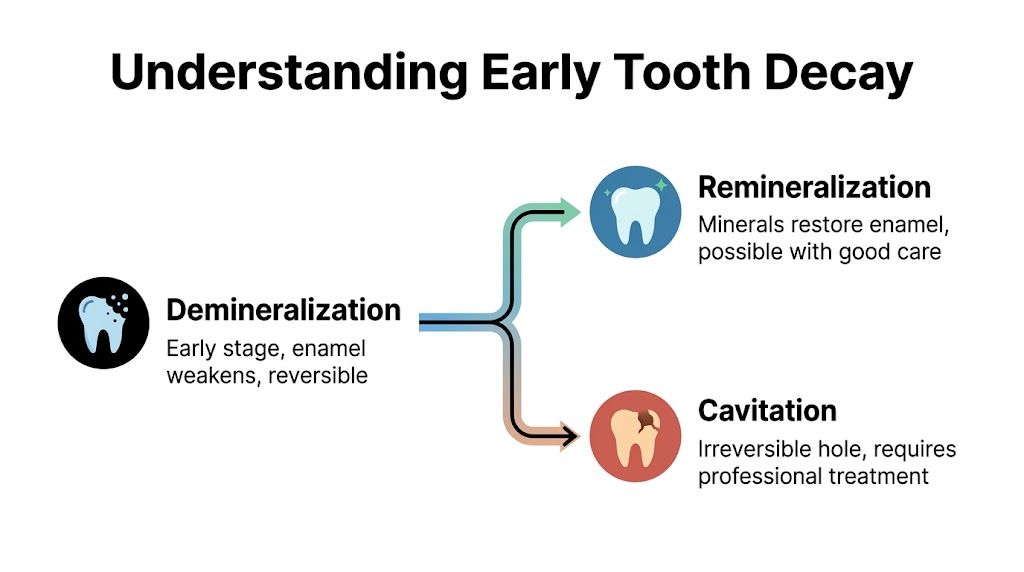 A diagram illustrating tooth decay progression, showing demineralization as the reversible early stage of dental issues.