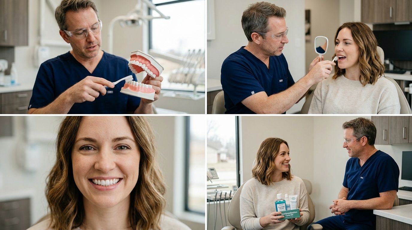 A dentist instructing a patient on proper oral hygiene practices and demonstrating dental care product usage.
