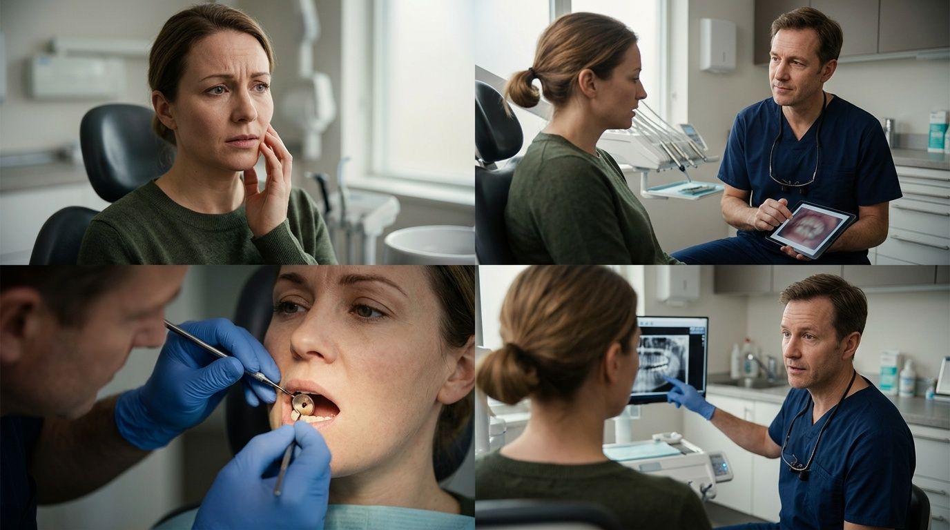 A woman receives a dental consultation and examination regarding her dental health and potential tooth decay.