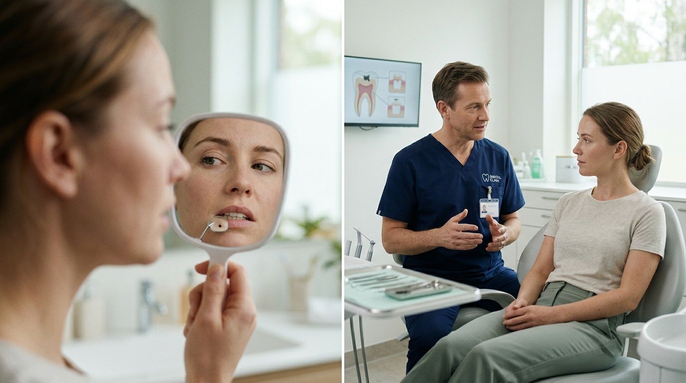 A woman looks at her teeth in a mirror, and later consults with a male dentist about dental care.