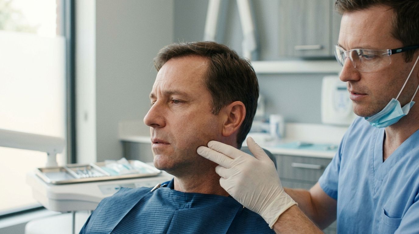 A dentist wearing gloves and protective glasses examines a patient's jaw in a professional dental office setting.