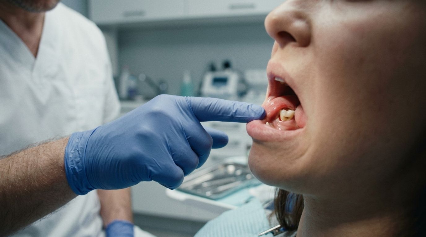 A dentist wearing blue medical gloves examines a patient's mouth to check for dental issues or pain.