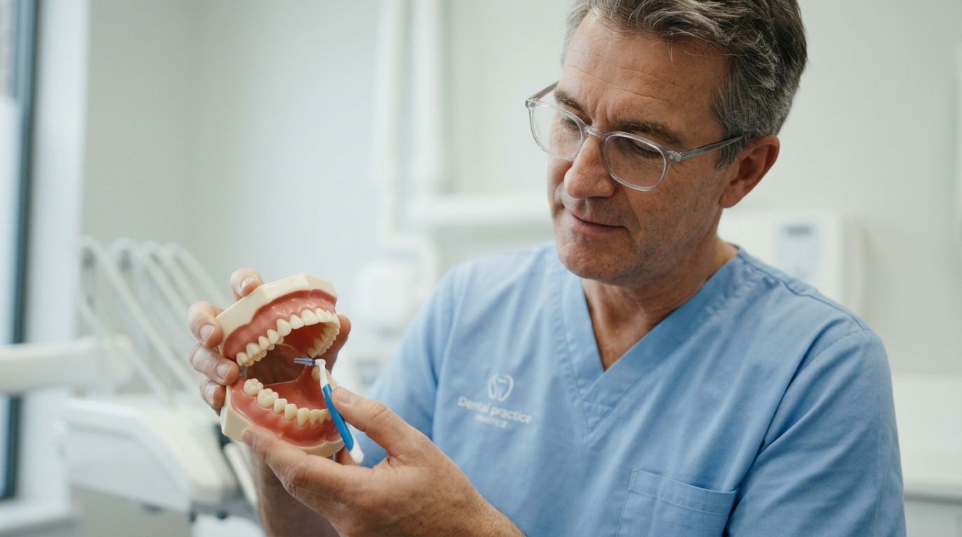 A professional dentist demonstrates proper flossing technique using an anatomical model of human teeth and a brush.