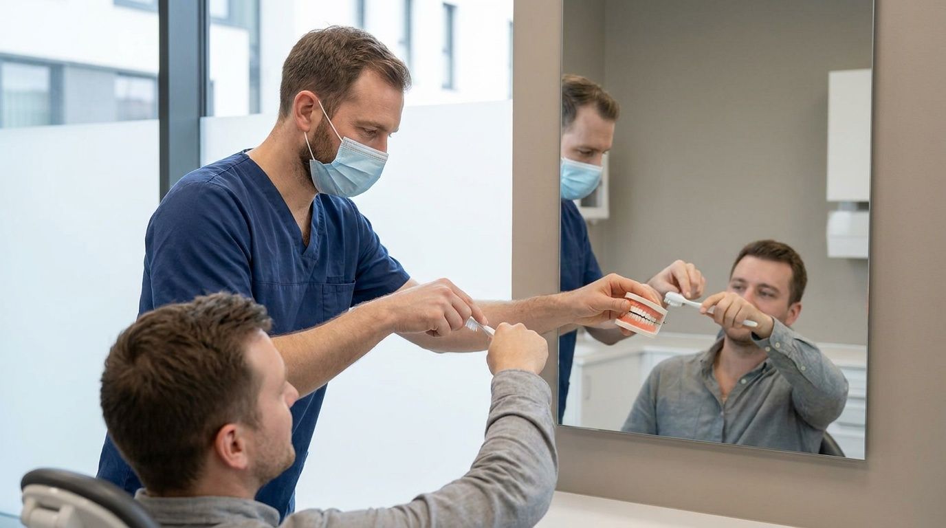 A dentist wearing a medical mask demonstrates proper brushing technique on a model for a patient.