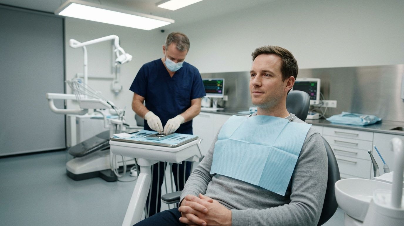 A patient sits in a dental chair waiting for a dental procedure while a dentist prepares instruments nearby.