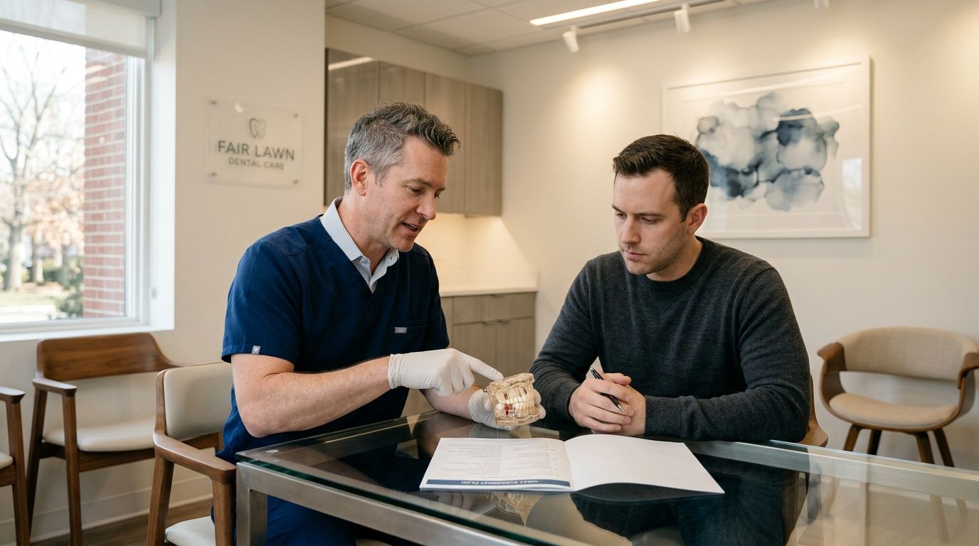 A dentist explaining an oral surgery procedure using a model of teeth to a patient in an office.