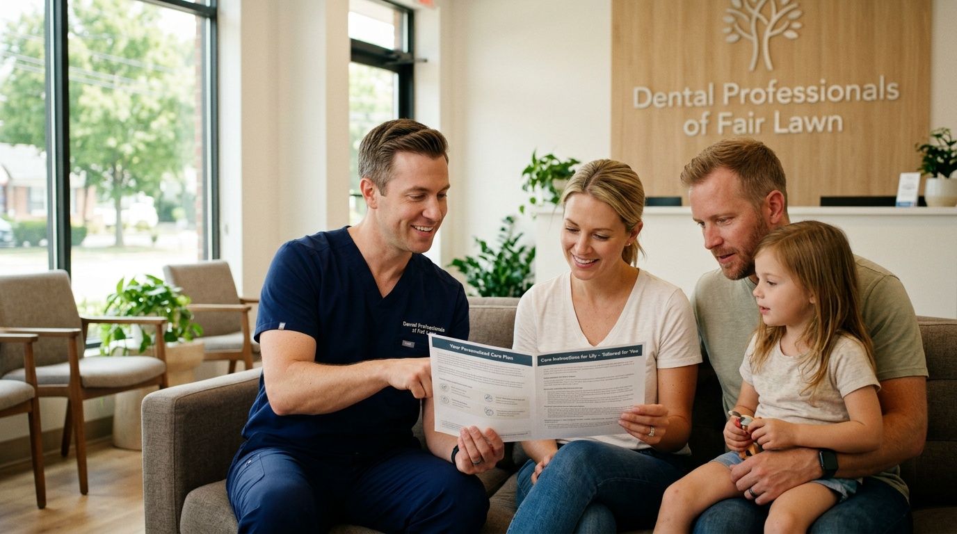 A dentist discussing a personalized dental care plan with a young family in a clinic lobby.