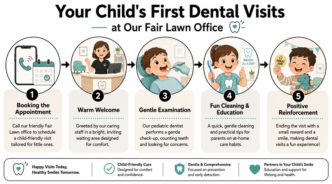 A five-step infographic guide detailing the gentle process for a child's first dental visit in Fair Lawn.