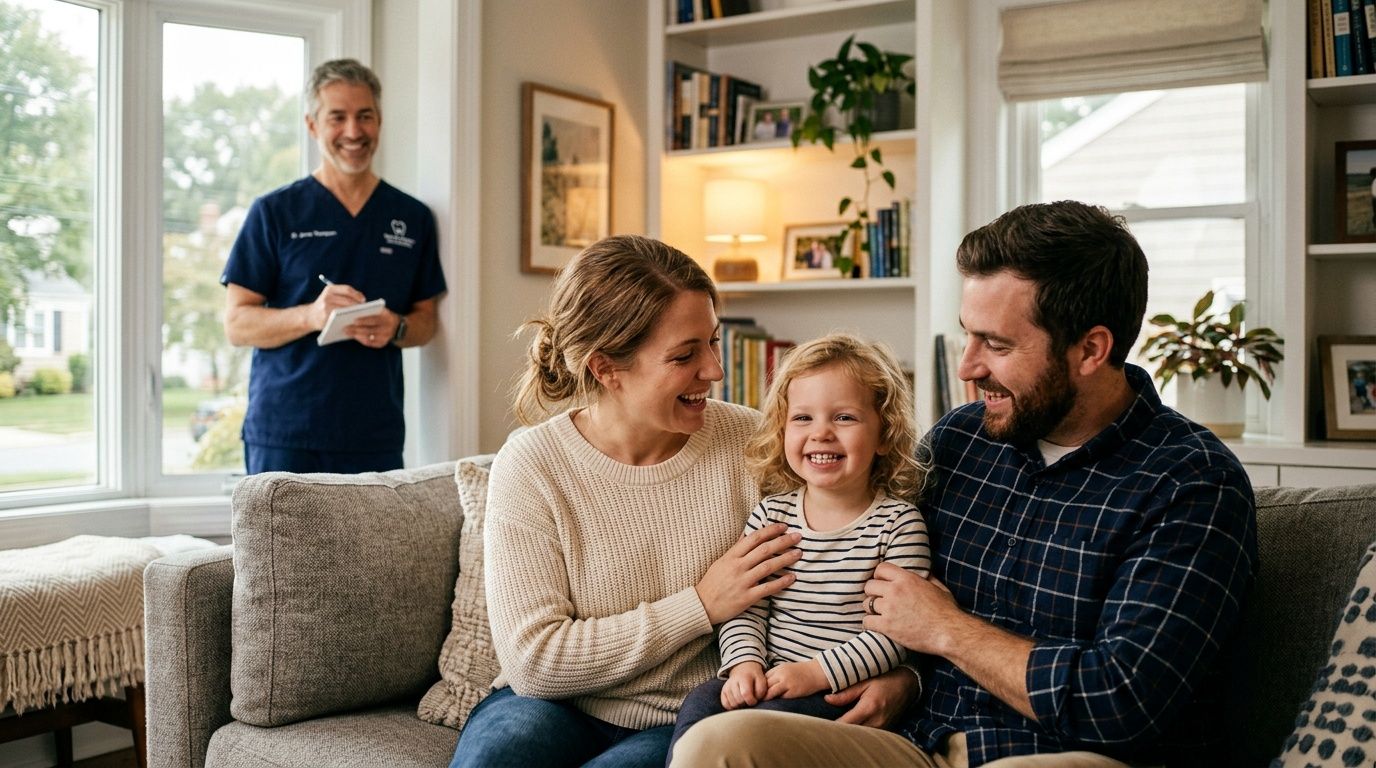 A family of three smiling together on a couch while a dentist takes notes in the background.