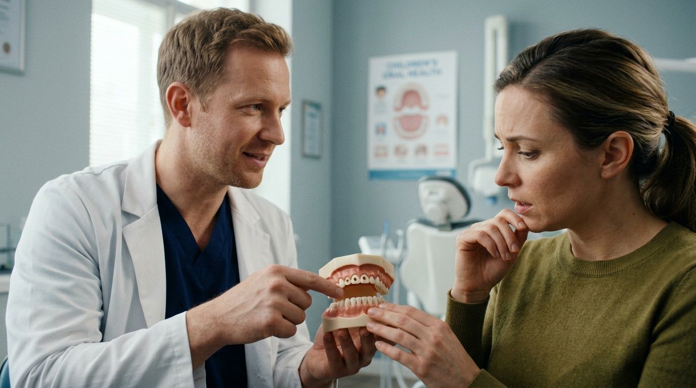 A male dentist explains dental care to a concerned female patient using a tooth model in office.