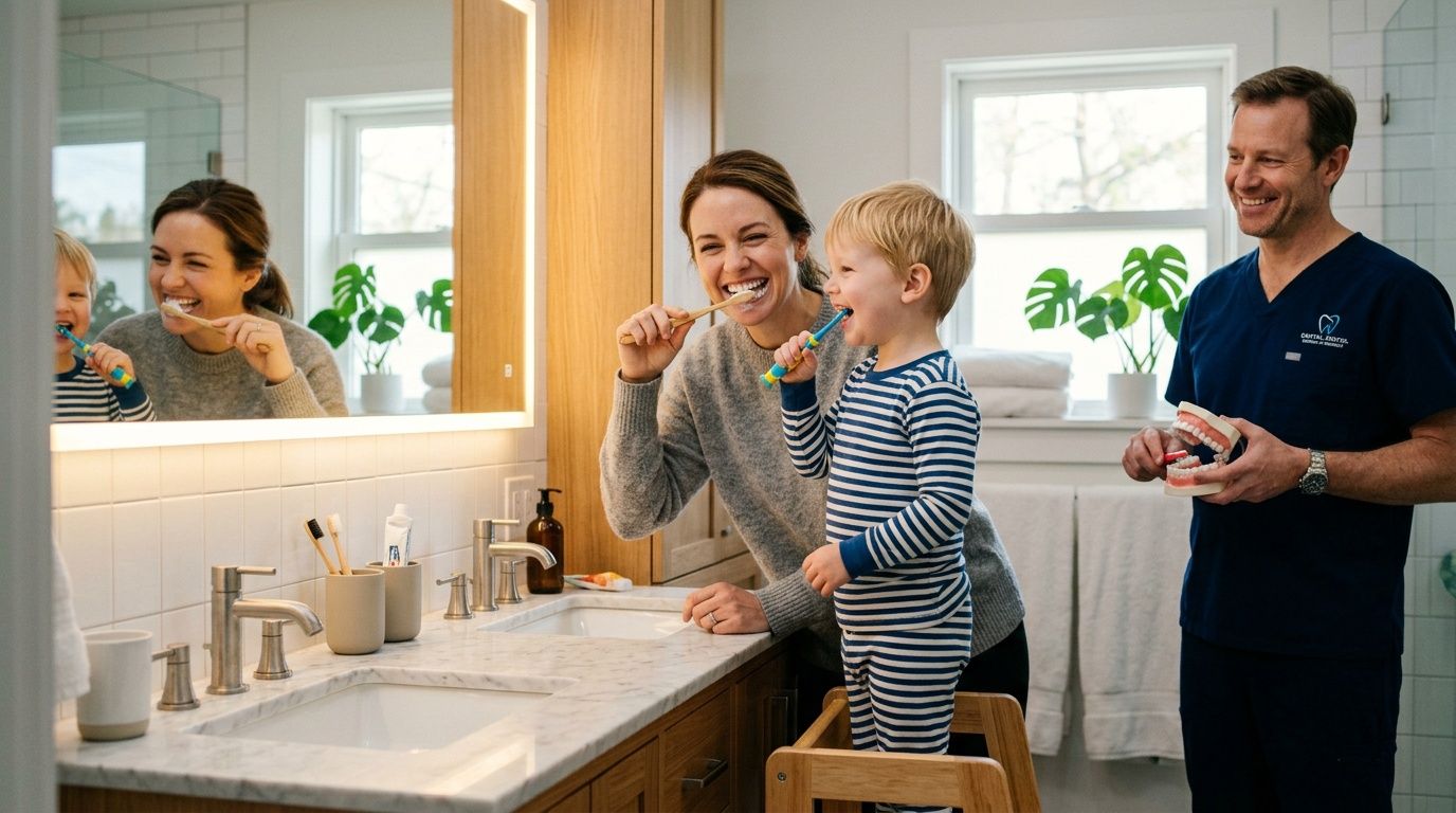 A dentist shows a young boy how to brush his teeth properly while his mother watches nearby.