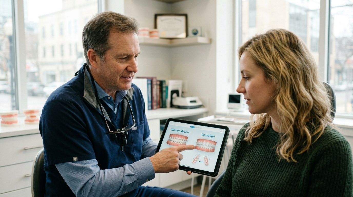An orthodontist explains the differences between Damon braces and Invisalign treatments using a tablet for his patient.