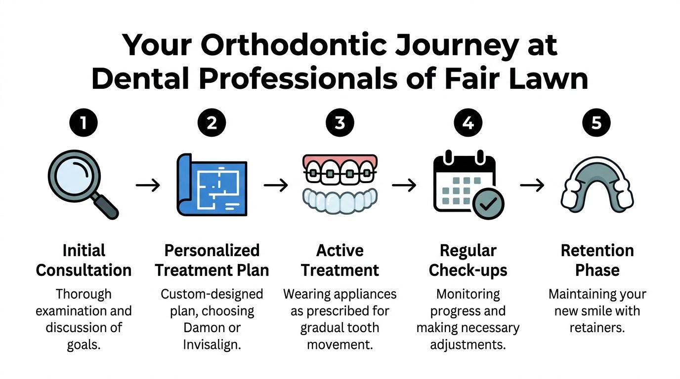 A five-step infographic showing the orthodontic treatment journey at Dental Professionals of Fair Lawn.