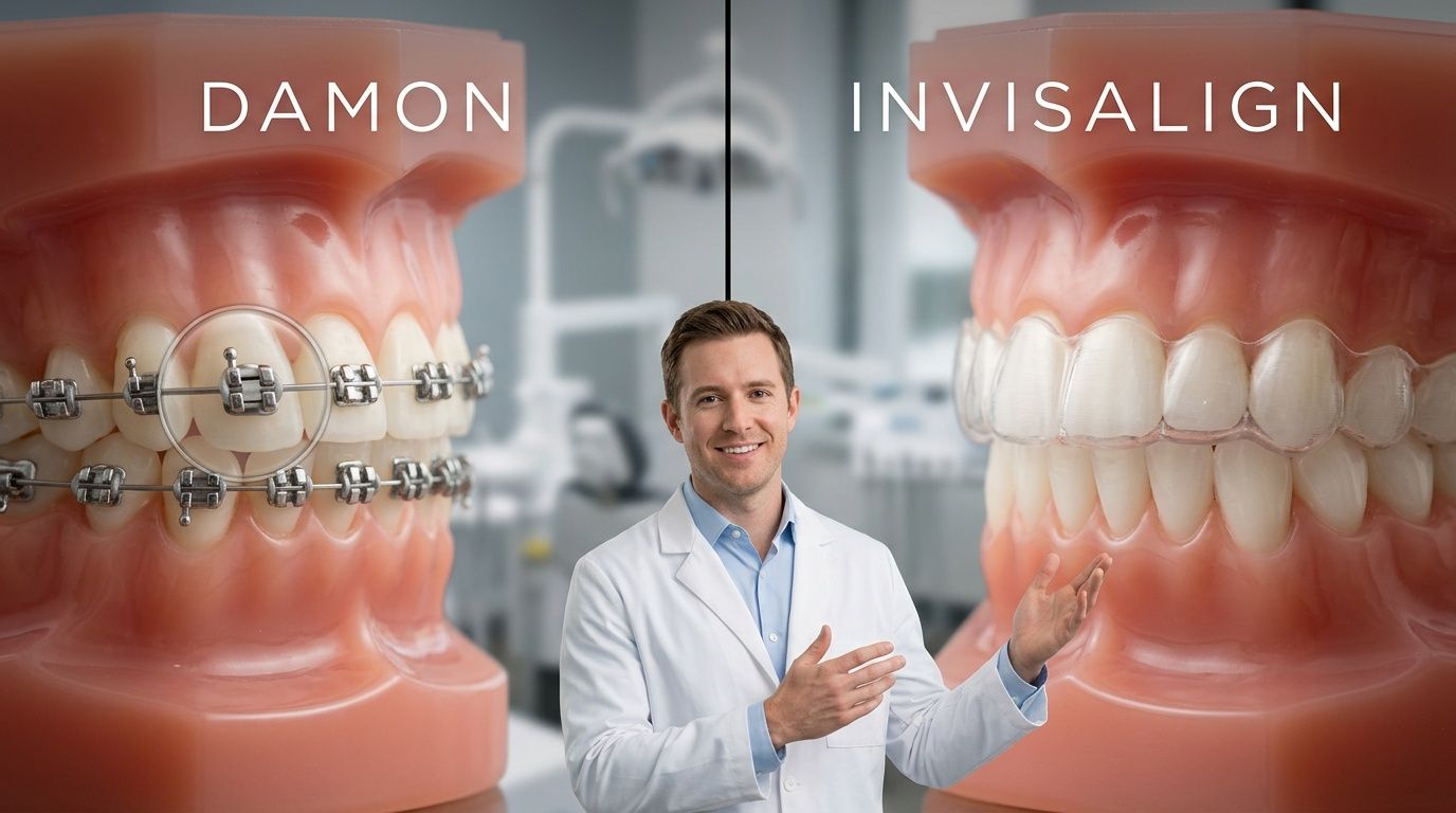 A dentist standing between a model of Damon braces and a model of clear Invisalign aligners.