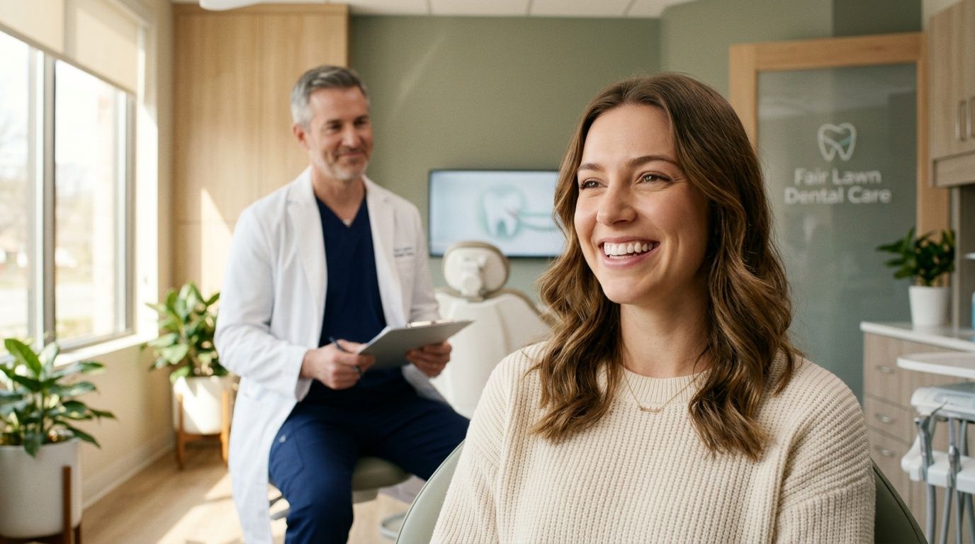 A happy woman consulting with her dentist at Fair Lawn Dental Care for orthodontic treatment options.