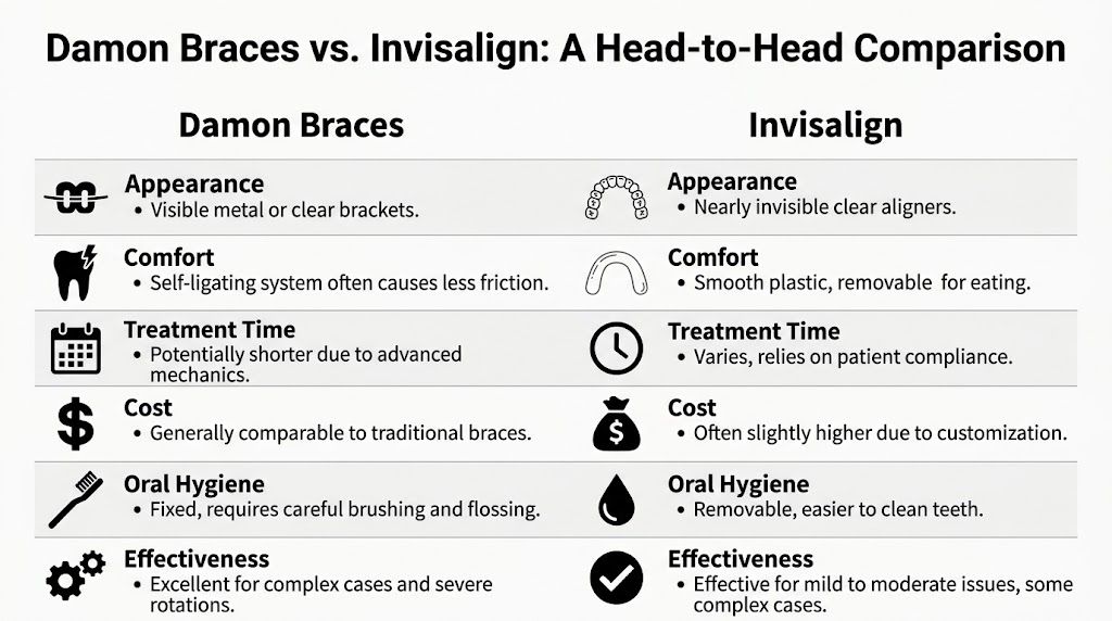 A comparison chart outlining the key differences between Damon braces and Invisalign treatments for orthodontic patients.