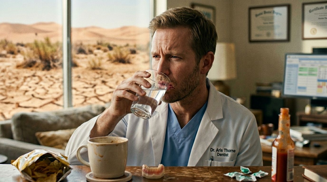 A dentist sitting in an office with a desert background drinks water next to a pair of dentures.