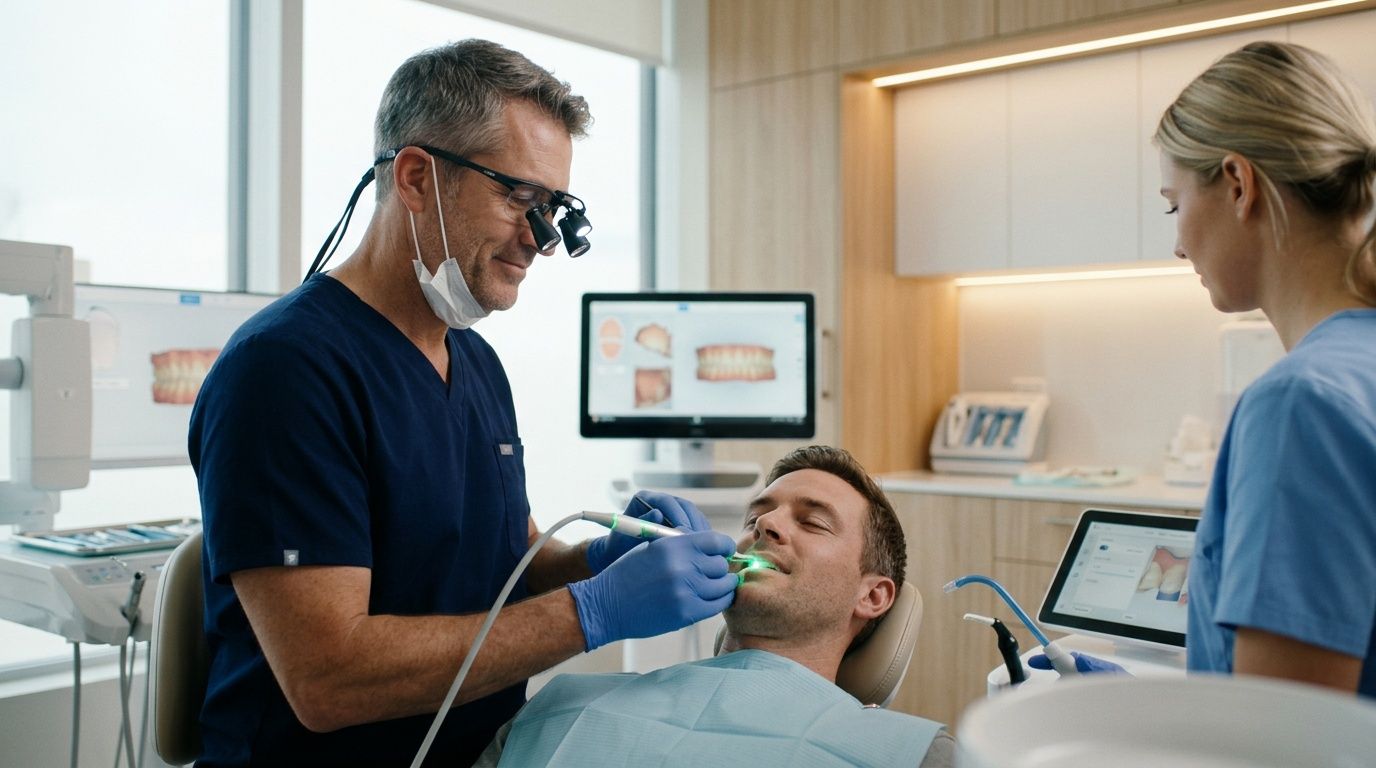 A professional dentist using a dental scanner on a male patient in a modern dental office clinic.