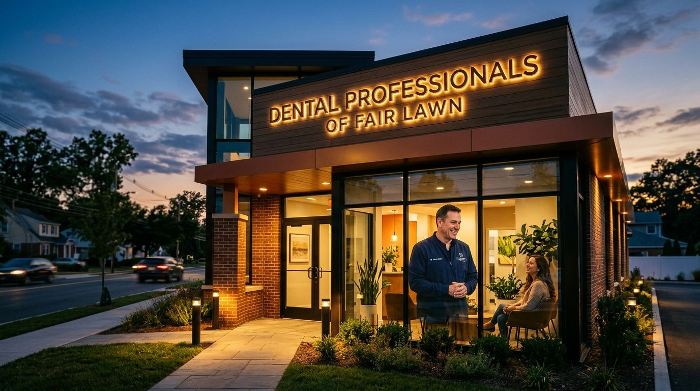 A modern Dental Professionals of Fair Lawn office at dusk with a dentist consulting a patient inside.