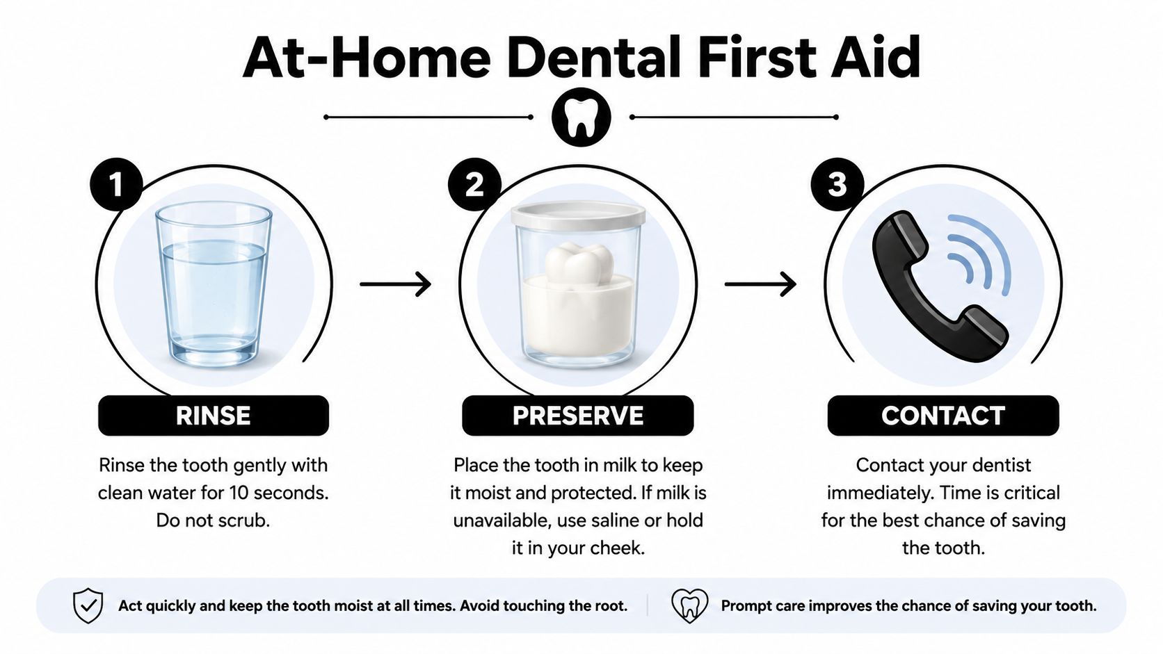A simple infographic showing three steps for emergency dental first aid for a knocked-out tooth.