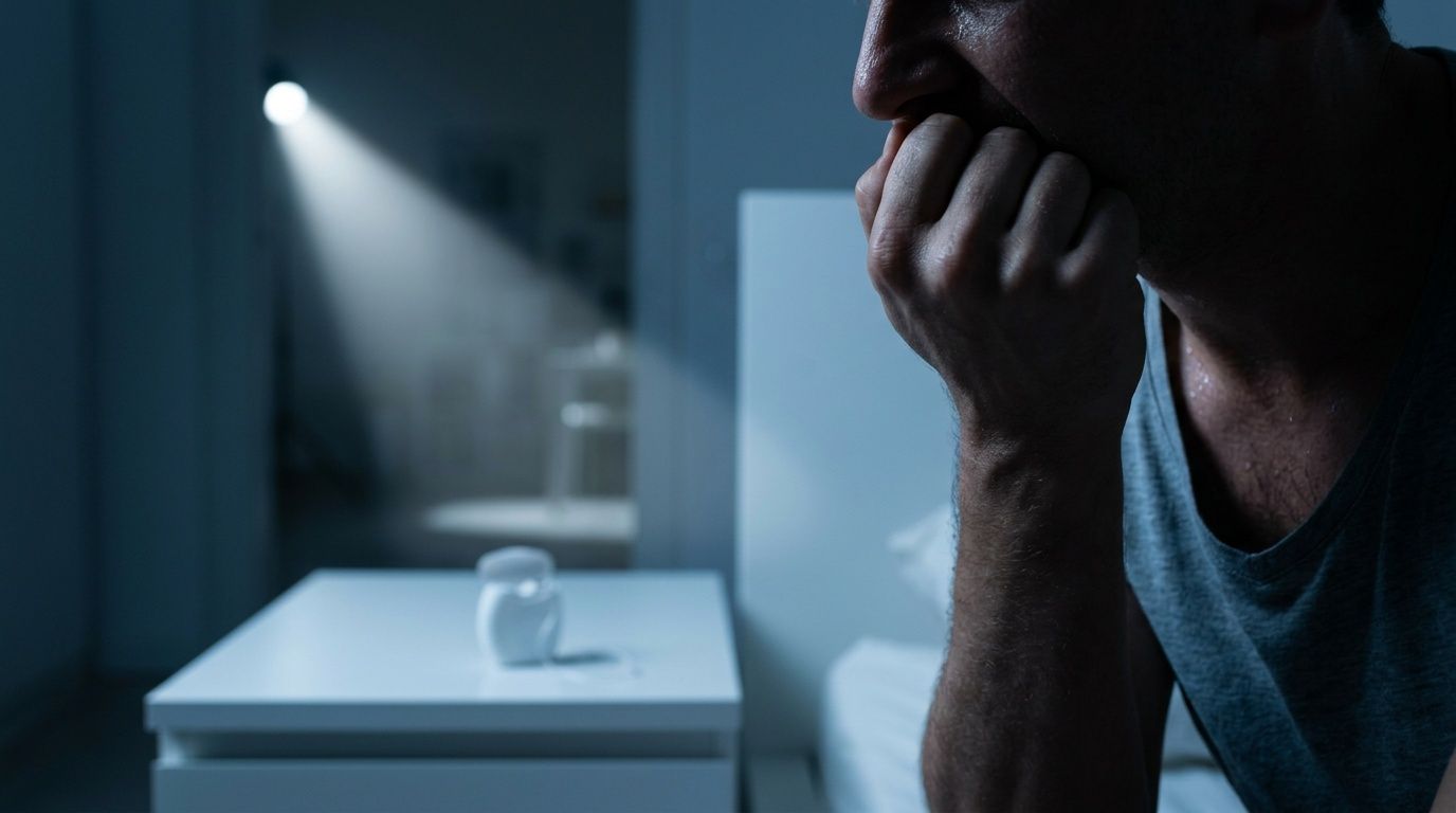 A distressed man sitting in a dark bedroom with a dental container on a nearby bedside table.