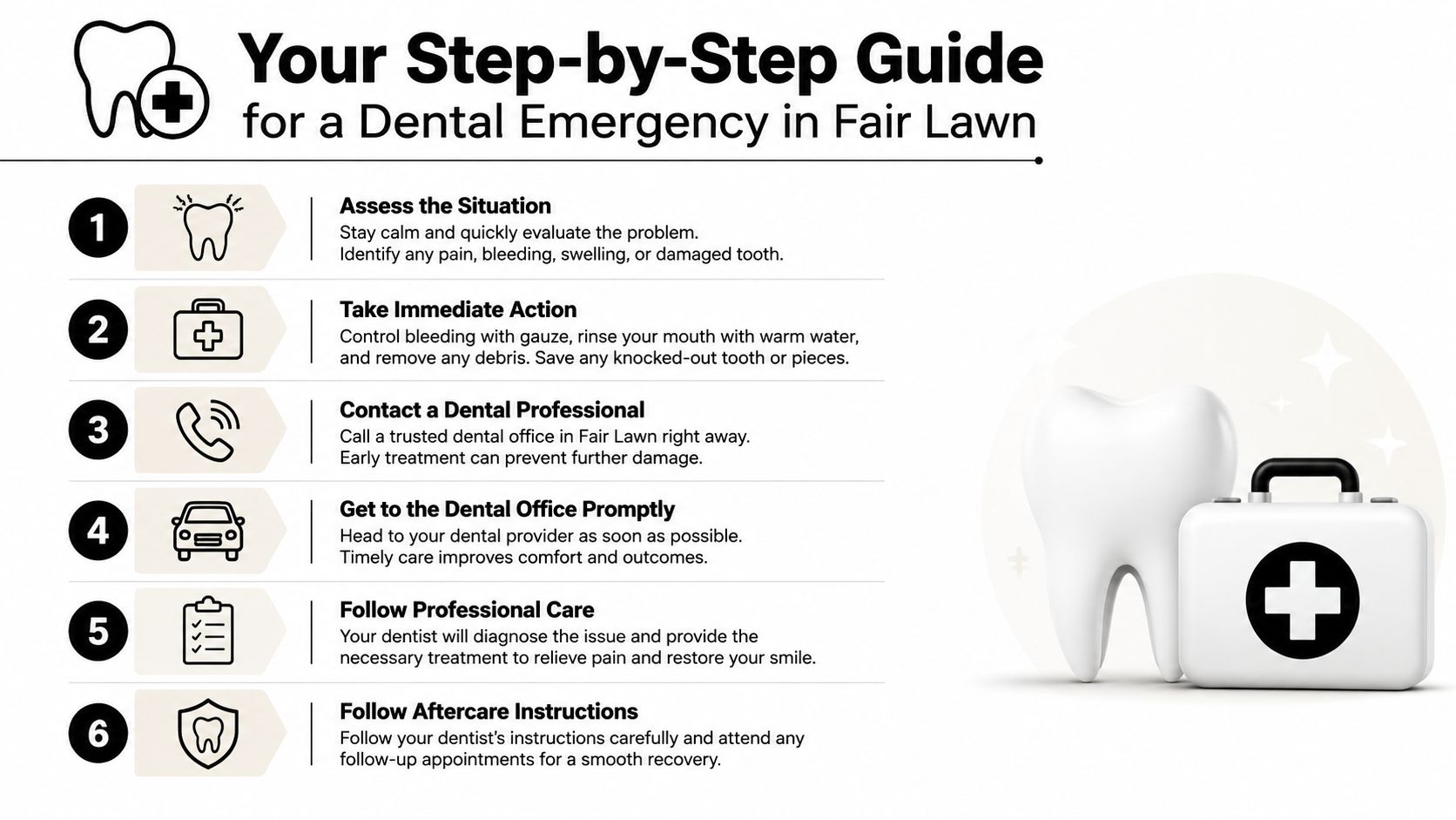A six-step visual guide for handling dental emergencies, emphasizing professional care and immediate, safe action steps.