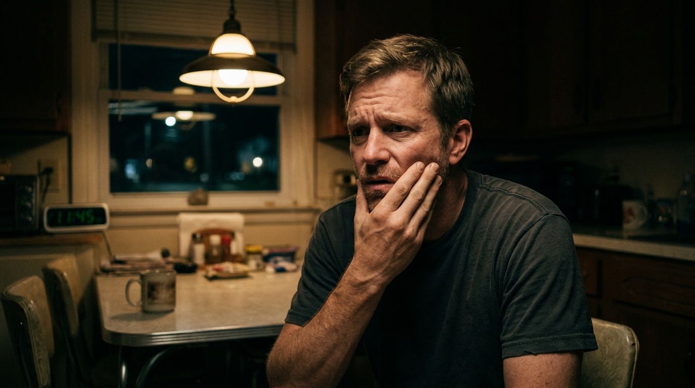 A concerned middle-aged man sitting at a kitchen table while touching his jaw in visible discomfort.