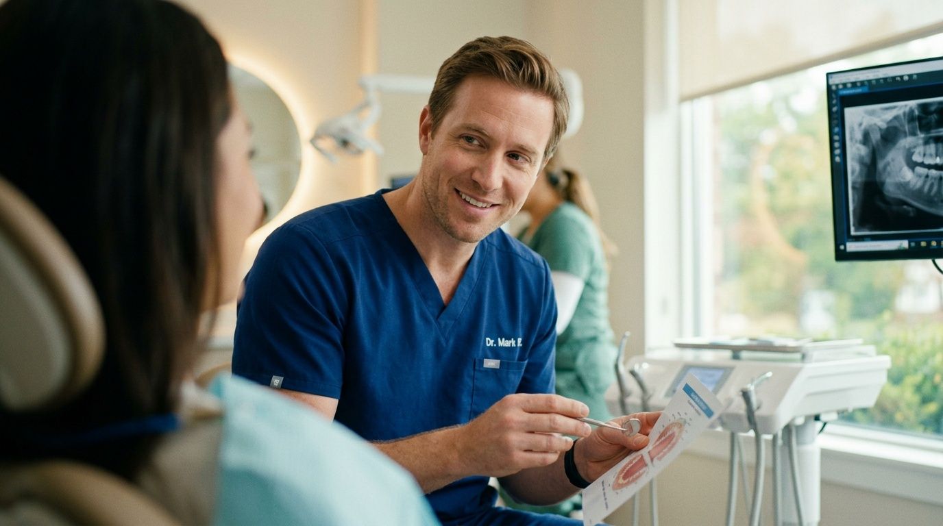 A friendly male dentist in blue scrubs explains a dental procedure to a patient in his office.