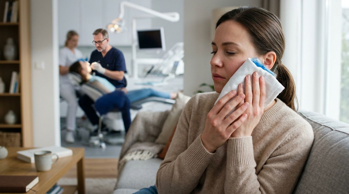 A woman holding an ice pack against her cheek while sitting on a couch at home.