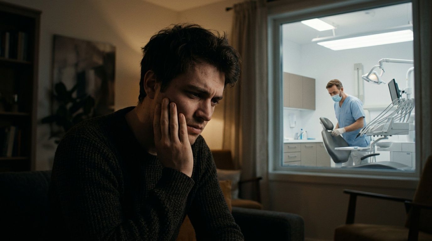A concerned young man holding his jaw in pain while viewing a dentist in a clinic nearby.