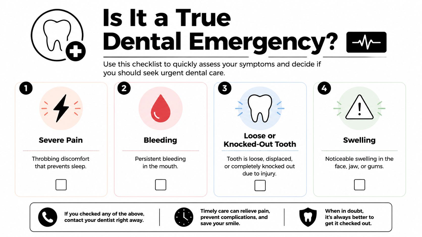 A checklist infographic titled Is It a True Dental Emergency describing symptoms like severe pain and bleeding.