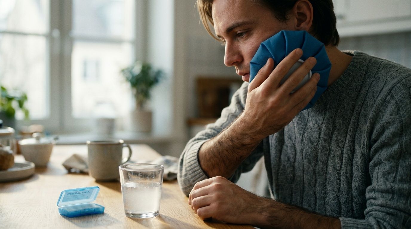 A man holds an ice pack to his cheek to relieve severe tooth pain at a table.