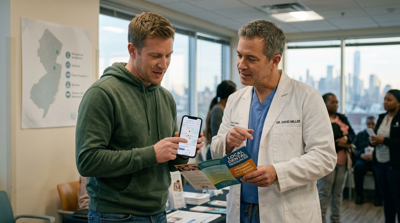 A dentist shows a brochure about emergency dental resources to a patient holding a smartphone.