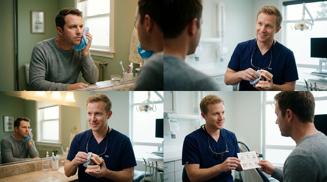 A man holds a cold pack to his face and consults a dentist about dental care.
