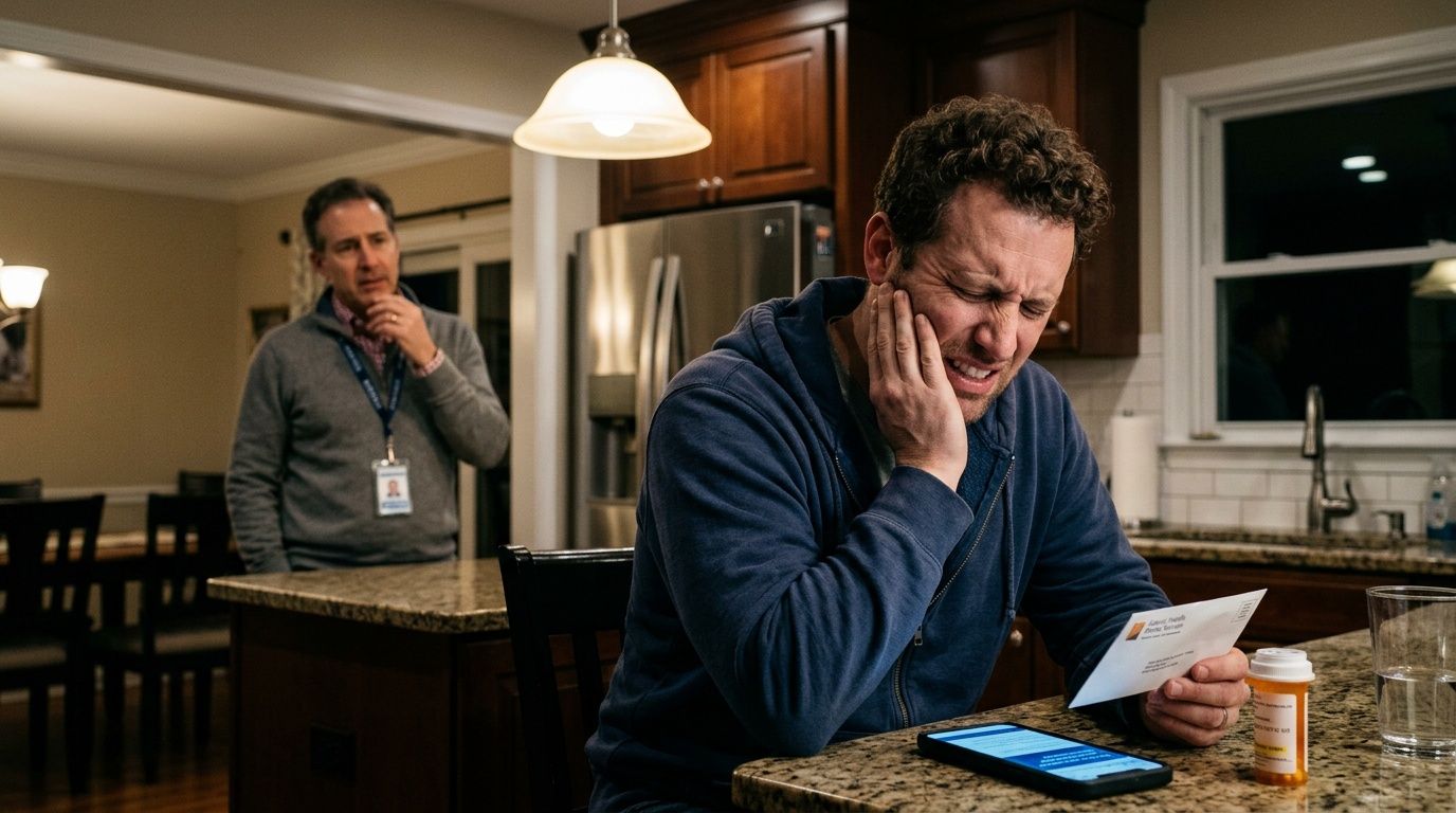 A man in pain holding his cheek while looking at a medical bill with a doctor standing behind.