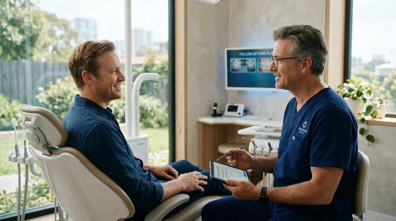 A friendly dentist explaining a digital treatment plan on a tablet to a patient in a clinic.