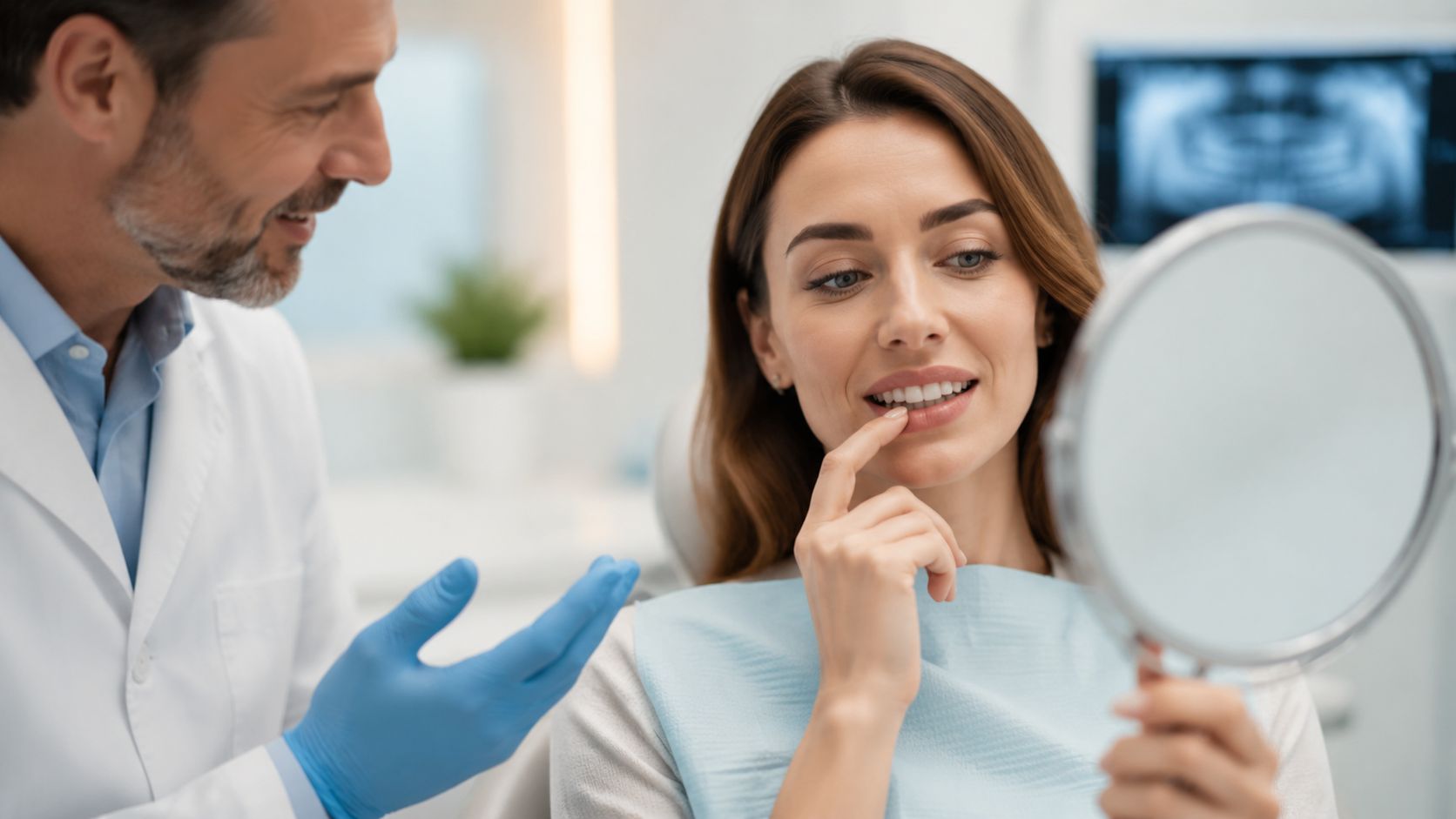 A smiling patient looking in a mirror at her new teeth while a dentist consults with her.